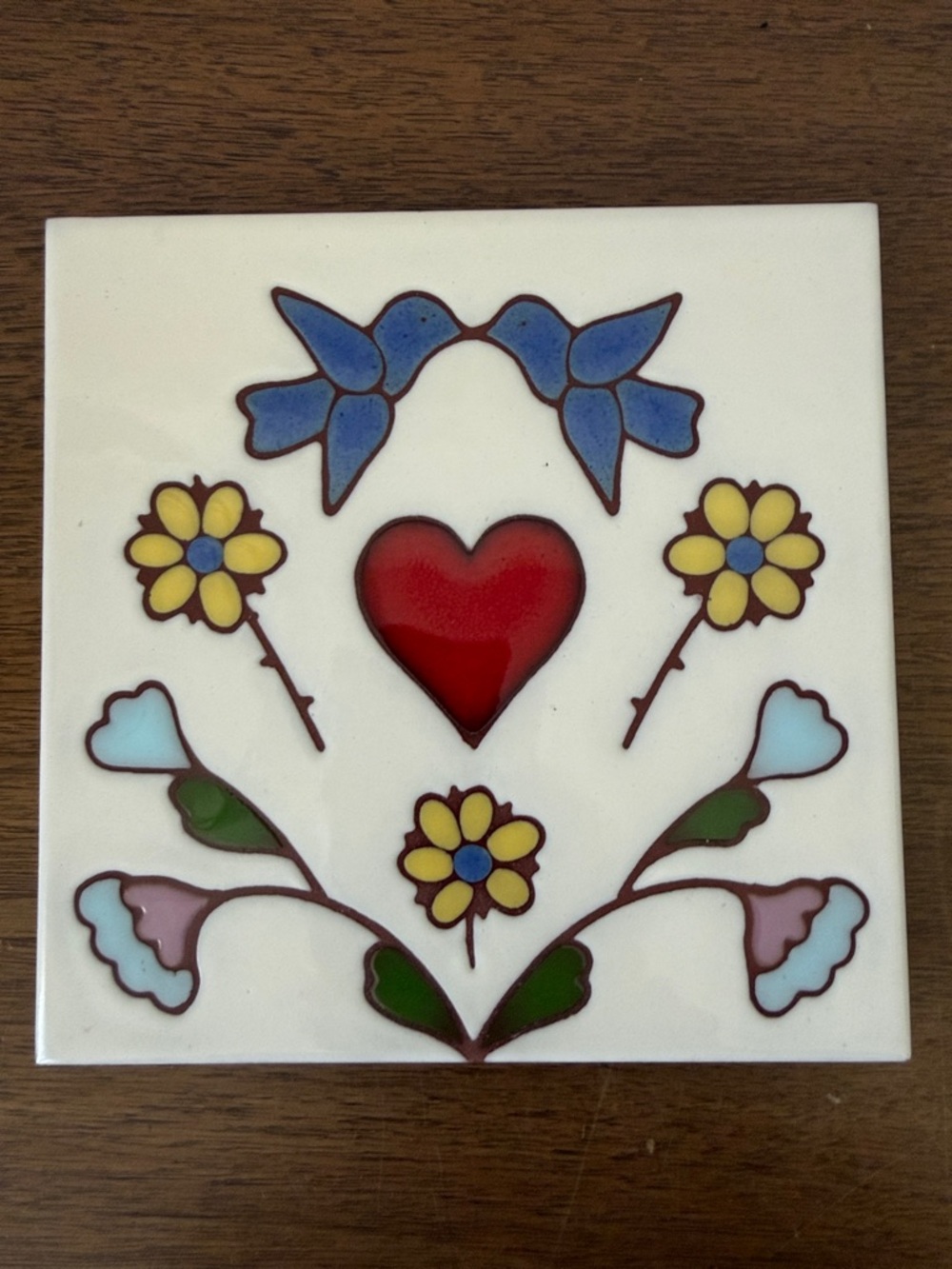 Besheer Art Tile Folk Art Blue Birds and Red Heart Ceramic Wall Tile - Trivet